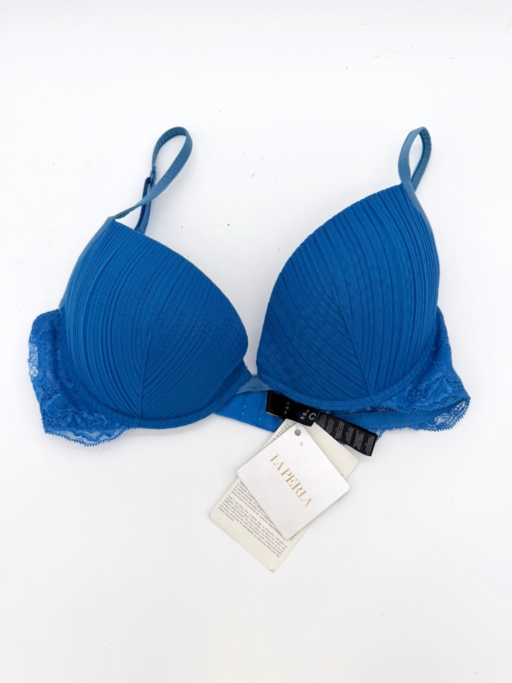 La Perla Blossoms Lace Push Up Balconette Bra Blue Ribbon Pleated Cup Sz 36C NWT